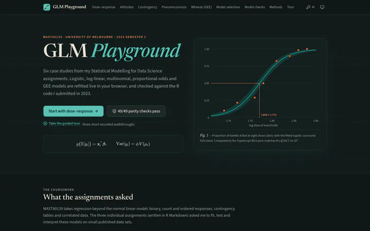 Landing page, dark mode. The same page in dark mode.