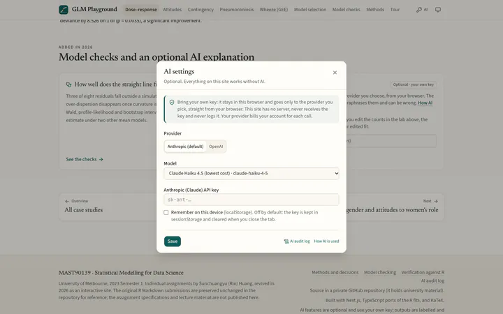Bring your own key. Optional AI settings: Anthropic by default, the key stays in this browser.