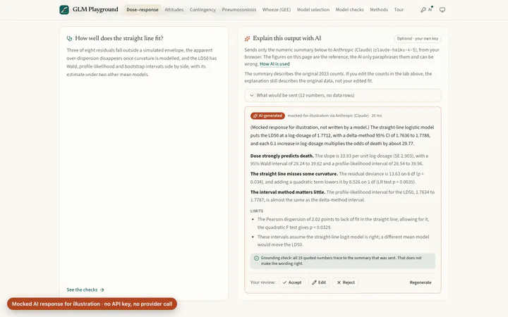 AI explanation (mocked). Mocked AI response for illustration: labelled AI-generated, grounding-checked, awaiting review.