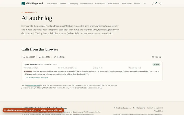 AI audit log (mocked entry). Mocked AI response for illustration: the call, the reviewer's decision and JSON/CSV export.